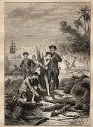 Expeditie door Jean Francois de Survillle (1717-1770) in de Zuidzee (1769-1770): de zeelieden van Surville verzamelen de wapens van de inheemse mensen die stierven tijdens de strijd (Nieuw-Ierland, Papoea-Nieuw-Guinea) - illustratie uit 