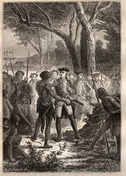 Expeditie door Nicolas Thomas Marion-Dufresne (1729-1772): Marion landde in Frederick Henry Bay (Tasmanië) en kreeg een brandende fakkel aangeboden door de inheemse bevolking - illustratie uit 