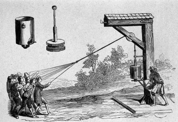 Experiment uitgevoerd in aanwezigheid van prins Auerberg over het pneumatische vacuüm door de Duitse wetenschapper Otto von Guericke om de atmosferische druk te berekenen in 1654. Plaat uit 