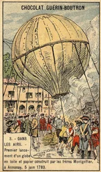 Ervaring van 5 juni 1783 door de gebroeders Montgolfier in Annonay. Chromo uit het einde van de 19e eeuw.