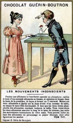 Ervaring van twee kinderen met lucifers en een mes. Chromolithografie van chocoladeverpakking Guérin Boutron.
