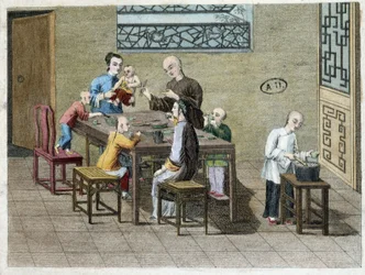 Familie maaltijd in China in de 19e eeuw