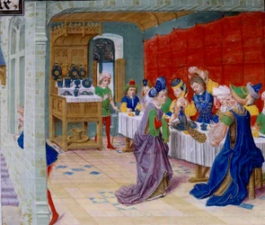Feestmaal, een pauw wordt op tafel geserveerd. Miniatuur uit “La Vraye Histoire du Bon Roy Alixandre” van Callisthenes, of Kallisthenes (ca. 360-328 v.Chr.)