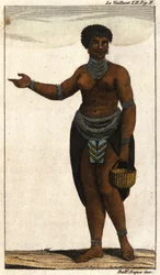 Vrouwelijk lid van de Zuid-Afrikaanse stam van Hottentotten, gravure van 1820.