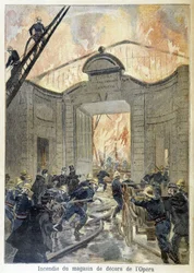 Brandweerinterventie tijdens de brand van de decorwinkel van de opera. Illustratie van de 