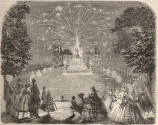 Vuurwerk en verlichting van het kasteel van Maison Laffitte op de avond van de landbouwcommissie wedstrijd. Gravure in 