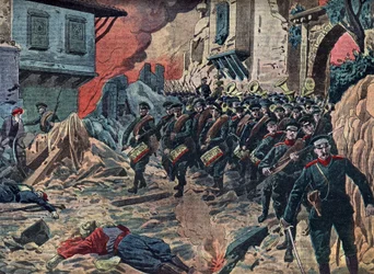 Eerste Balkanoorlog "De Bulgaarse Armee triomfeert na de Slag om Kirk Kilisse (Lozengrad) op 24/10/1912, Turkije" (Slag om Kirk Kilisse (of Slag om Kirkkilise) maakte deel uit van de Eerste Balkanoorlog tussen de legers van Bulgarije en het Ottomaanse rijk