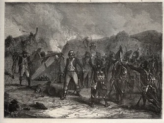 Eerste coalitie: Kolonel Antoine Guillaume (Antoine-Guillaume) Rampon (1759-1842) bij de Slag bij Montenotte op 12 april 1796, tijdens de Italiaanse campagne die de Franse troepen van Napoleon Bonaparte tegenover de Oostenrijkse en Sardijnse legers stelde