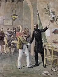 Eerste ontmoeting tussen Giuseppe Garibaldi en Giuseppe Mazzini in Marseille in 1833 (gravure)
