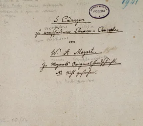 Eerste pagina van een manuscript van 5 cadensen voor piano door Mozart