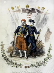 Frankrijk en Piëmont, voorstanders van Italiaanse onafhankelijkheid - gekleurde gravure