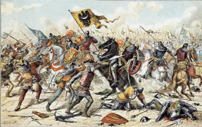 Frans-Engelse Oorlog (1202-1214): de Slag bij Bouvines op 27/07/1214 tussen het Franse leger van Philippe Auguste en de Vlaamse en Welfen van Othon IV. De Franse overwinning was beslissend voor de uitkomst van de oorlog. 19e eeuw. Parijs, Musee de l