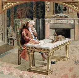 Francois-Marie (Francois Marie) Arouet de Voltaire genaamd Voltaire (1694-1778), 23 jaar oud in het kasteel van Sully-sur-Loire (Sully sur Loire). Chromolithografie uit het einde van de 19e eeuw