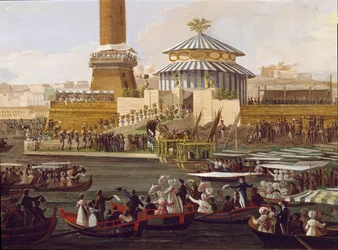 Frans I der Beide Siciliën (1777-1830) en zijn echtgenote Maria Isabella van Spanje (1789-1848) tijdens een ceremonie in het arsenaal van Napels. Anoniem schilderij uit de 19e eeuw - Napels, Museo Nazionale di San Martino