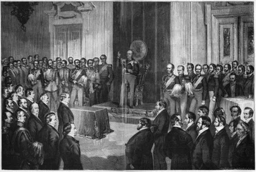 Frederik Willem IV (1795-1861), koning van Pruisen, legt de eed af op de grondwet, 6 februari 1850, houtsnede naar Paul Buerde
