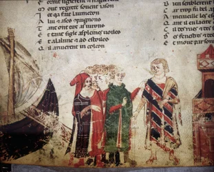 Franse koopman in Venetië. Miniatuur uit de „Roman de Troie” van Benoît de Sainte-Maure. 14e eeuw, Biblioteca Marciana, Venetië