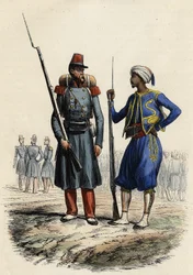 Frans militair uniform: Links een vreemdelingenlegioen dat in 1831 werd gevormd en naar Algerije gezonden. Rechts inheemse ruiters, opgeleid en in 1841 naar Algerije gezonden. In L