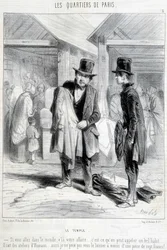 Fripier uit de tempelwijk in Parijs probeert kleding te verkopen aan een man. Gravure uit de 19e eeuw.