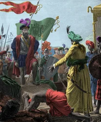 Van Vasco de Gama (1469-1524, Portugese ontdekkingsreiziger) naar Calicut (het huidige Kozhikode) in India in 1498. Gravure 1817