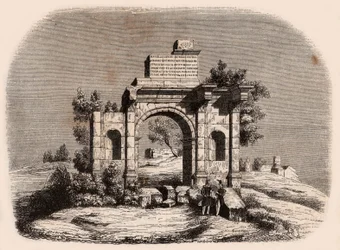 Vooraanzicht van de Romeinse boog van Djemilah in Algerije: twee Franse soldaten poseren voor de ruïnes
