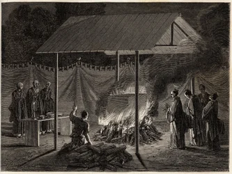 Begrafenisceremonies: rituele verbranding. Gravure ter illustratie van de reis naar Japan in 1863-1864, door Aime Humbert, minister van de Zwitserse Confederatie, in 