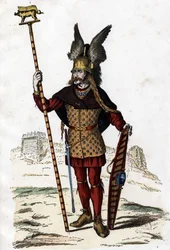 Gallische leider met het teken van de oorlog - in „De burgerlijke en militaire kostuums van de Fransen door de eeuwen heen, Parijs, F. Roy, 1882”