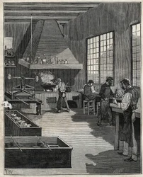 Galvanische goudsmid: voorbereiding van mallen. Gravure uit 1885 in 