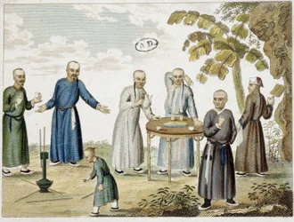 Spelletjes en mannen die thee drinken in China - 19e eeuw, gravure