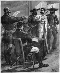 Gaston de Raousset-Boulbon (1817-1854) voorgeleid aan een krijgsraad in 1854 in Mexico - gravure uit 1888