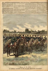 Generaal Félix Gustave (Félix-Gustave) Saussier (1828-1905), sinds 1884 militair gouverneur van Parijs, omringd door buitenlandse militaire attachés, inspecteert de troepen tijdens de parade op 14 juli 1891 op de vlakte van het Bois de Boulogne. Gravure