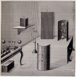 Algemene opzet van de experimenten van Heinrich Hertz (1857-1894) over elektrische golven - in "Populaire natuurkunde" door Emile Desbeaux, Flammarion