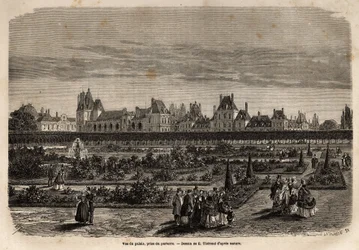 Algemeen overzicht van het paleis en de tuinen van Fontainebleau, genomen vanaf de vloer. Gravure ter illustratie van een beschrijving van het kasteel en het bos van Fontainebleau, in 1867, door M. Pays, in 