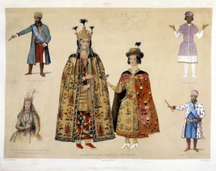 Georgische kostuumbord in de 16e en 17e eeuw: Koning Irakli (1744 - 1798), Gheorghi X (1687), Prinses Chartchevadze (Ambassadeur van Georgië in St. Petersburg onder Catharina II 1780), Koningin Mary (dochter van Dadian van Mingrelie met haar zoon Otthia 1