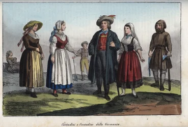 Duitse boeren - gravure uit ‘Usi e Costumi di Tutti i Popoli dell