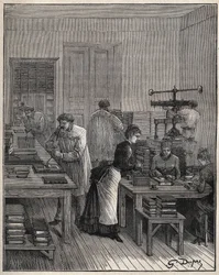 Vergulden van boeken (omslagen) in ijzer in een werkplaats in Frankrijk in de 19e eeuw. Gravure uit 1885 in “Les arts et métiers illustrés” door Adolphe BITARD