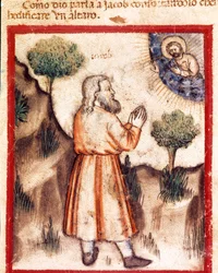 God vraagt Jakob om naar Bethel te gaan en een altaar te bouwen Miniatuur uit codex 212 (of padovano codex of Bijbel van Padua) 1390-1400 Rovigo, Accademia dei Concordi