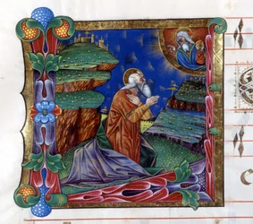 God beveelt Mozes om het volk van Israël uit Egypte te sturen. Miniatuur uit een 15e eeuws koorboek ("civitatis" door Sint Augustinus)