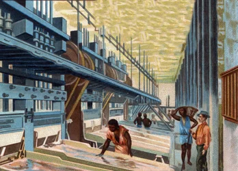 Goudwinning. Het in het vat vermalen erts wordt met veel water gewassen en gaat vervolgens over de koperplaten om het goud van de andere materialen te scheiden. Chromolithografie uit de late 19e eeuw.