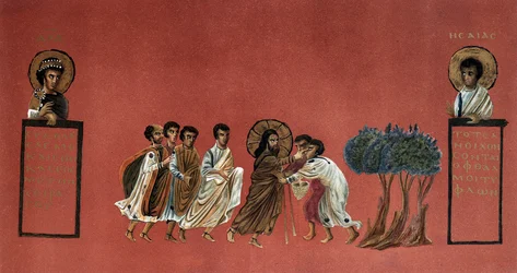 Evangelie van St. Matteüs - Wonder van Jezus die de twee blinden van Jericho geneest, Gravure 19e eeuw naar een Grieks manuscript
