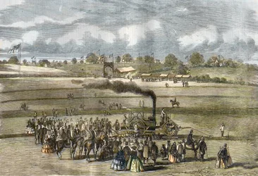 Groot-Brittannië: Landbouw, ploegscène. Boydell stoomploeg bij Louth in 1854.