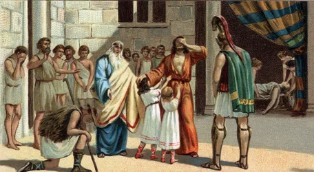 Grote Griekse tragedies: “Koning Oedipus” van Sophocles. De blinde Oedipus steunt op twee van zijn dochters. Links van hem zijn knappe vader Creon; rechts van hem de trooster Tiresias en een oude herder die de ware identiteit van Oedipus onthullen. Diep