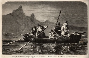 Groenlandse Umyak, type boot bediend door vrouwen. Gravure ter illustratie van de reis naar de vrije zee van de Noordpool, door dokter Hayes, chirurg van de Amerikaanse marine, in 1860-1862, gepubliceerd in 