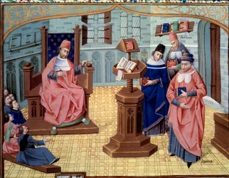 Guy van Chauliac, chirurgijn leraar. Aan zijn rechterkant 6 luisteraars en aan zijn linkerkant 3 personages die de geschiedenis van de geneeskunde samenvatten: Claude Galien, Griekse arts uit de oudheid, Avicenna, Perzische arts