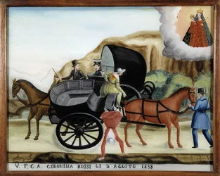 Hangen tussen twee carrioles en de val van een passagier - Schilderij op glas, ex-voto door Notre Dame de Laghet