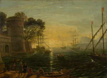 Haven bij zonsondergang, eind 17e eeuw (olieverf op doek)