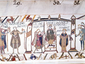 Harold II (1022 - 1066) werd uitgeroepen tot koning na de dood van Edward de Belijder in 1066 maar stierf al snel in de Slag bij Hastings. Tapijt van Bayeux of Borduurwerk door Koningin Mathilde