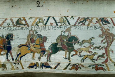 Harold, toekomstige koning van Engeland, werd door koning Edward de Belijder gestuurd om Willem de Veroveraar (1027-1087) te informeren dat hij zijn opvolger zou zijn voor de Engelse kroon. Het gaat naar de kust van de Manche. Detail van het Tapijt van Bay