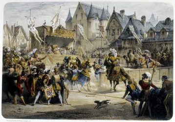 Henri II (1519 - 1559) dodelijk gewond door Montgomery tijdens het toernooi van 29 juni 1559, rue St Antoine, voor het Palais des Tournelles - lithografie