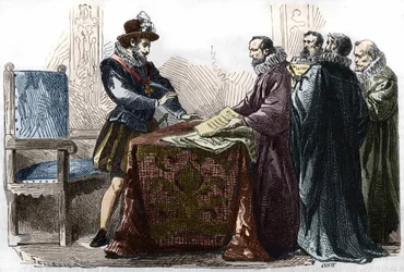 Hendrik IV (1553 - 1610) ondertekent het Edict van Nantes op 13 april 1598