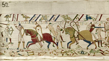 Hier vielen de broers van Harold: Gyrth en Leofwine, Tapijt van Bayeux